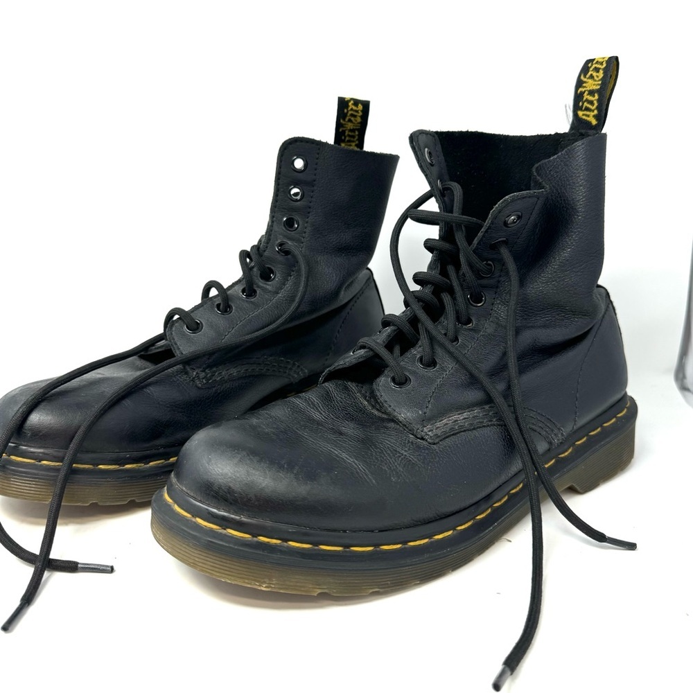 Dr. Martens Black Leather Lace-Up Ankle Boots with Yellow Stitching